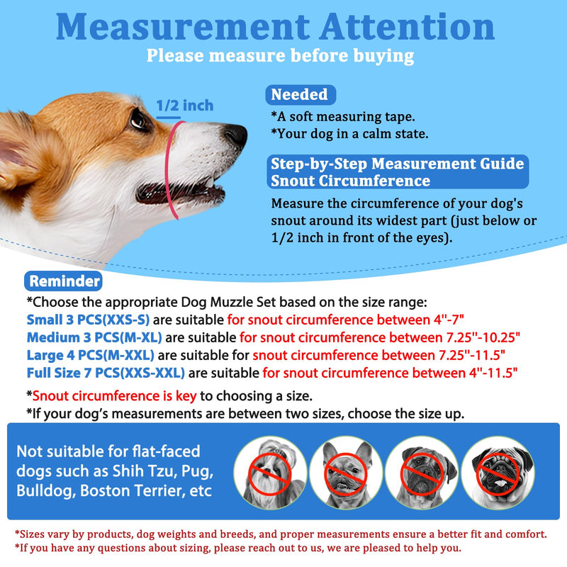 LUCKYPAW Dog Muzzle Suits for Small Medium Large Dogs, Mesh Muzzle Anti Biting Chewing, Breathable Mouth Cover Set with Adjustable Strap for Grooming Vet Visiting Training, 7 PCS(XXS-XXL), Black Full Size 7 PCS(XXS-XXL) - PawsPlanet Australia