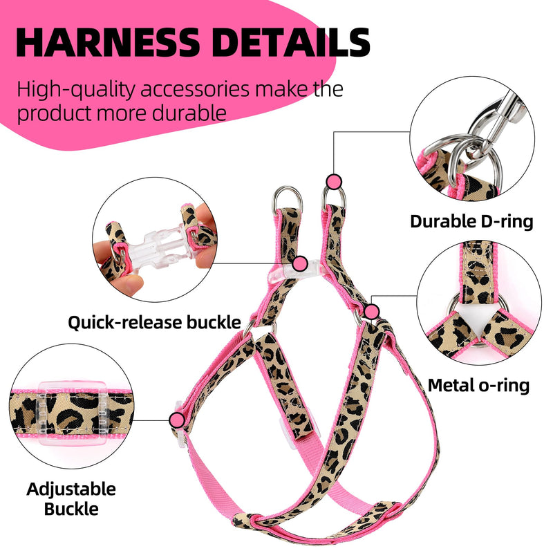 Mile High Life Leopard Dog Harness Collar Leash Set, Adjustable No Pull Dog Halter Harness for Small Breed Dogs, Easy Control for Training Walking (Pink, XS Chest 9"-15", Neck 8"-12") X-Small Neck 8"-12" Pink - PawsPlanet Australia