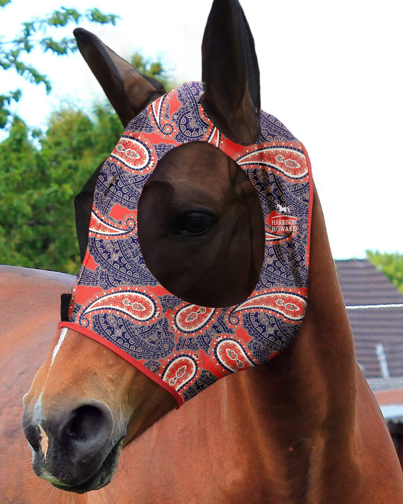 Harrison Howard Super Comfort Stretchy Fitting Horse Fly Mask with UV Protection Soft on Skin with Breathability Orange Paisley M Cob