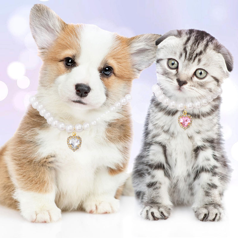 Cat Dog Pearl Necklace Collar 2pcs, Small Cat Collar Pear Dog Necklaces Cute Fancy Jewelry Accessories with Heart Shape Rhinestone White Pink Wedding Birthday Party for Puppy Pets Small Dogs - PawsPlanet Australia