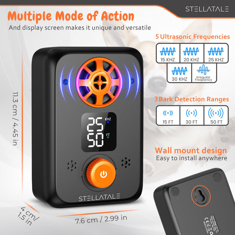 Ultrasonic Dog Barking Silencer, 5 Modes, Rechargeable, 50 Ft Range, Indoor & Outdoor Use, Black and Orange
