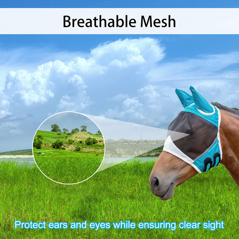 Andiker Soft Mesh Horse Fly Mask with Ears, Breathable Horse Face Mask Protect Eyes and Face (Large, Green) Large - PawsPlanet Australia