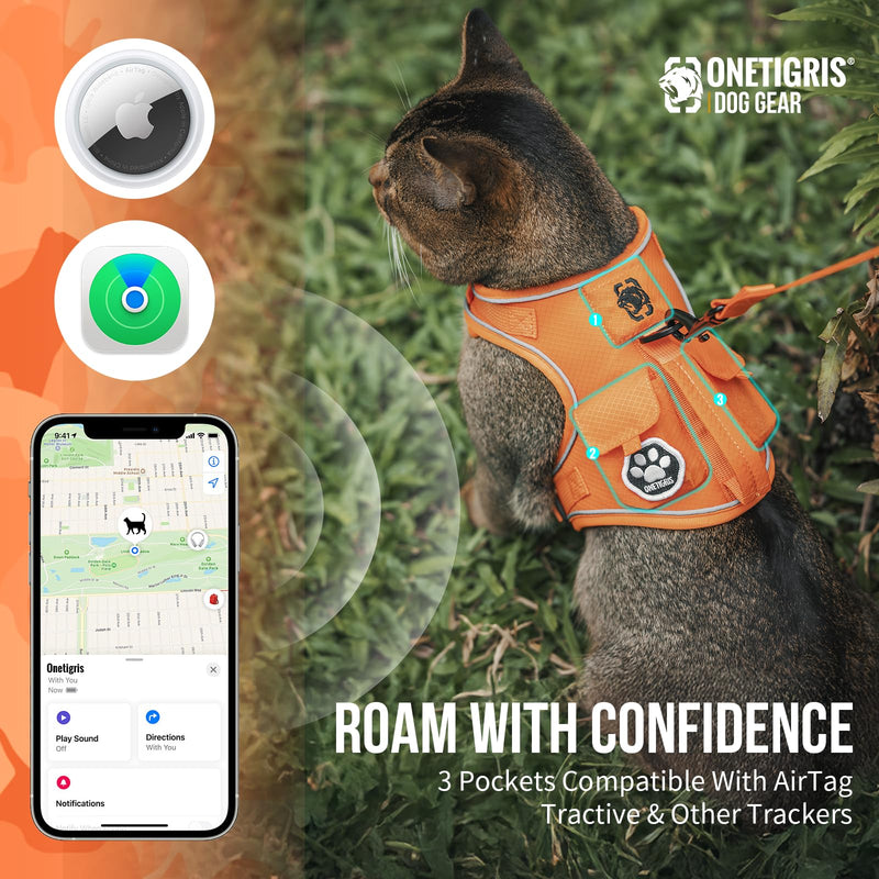 OneTigris Cat Harness and Leash - Escape Proof Soft Adjustable Kitten Harness, Breathable, Comfortable, Durable Water-Resistant Tactical Vest with Reflective Strips and Pocket for Cat Tracker Orange XXXS:(N:6.5"-12",C:12"-16",B.L:6.5",W:6.5 -13 lbs) - PawsPlanet Australia
