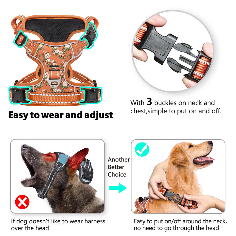 Timos Dog Harness, No Pull Dogs Harness 3 Snap Buckles Adjustable Reflective No Choke Pet Vest for Small Dog with Soft Padded Control Training Handle for Outdoor Training,Flower Orange, S Small (Pack of 1) Normal-Flower Orange - PawsPlanet Australia