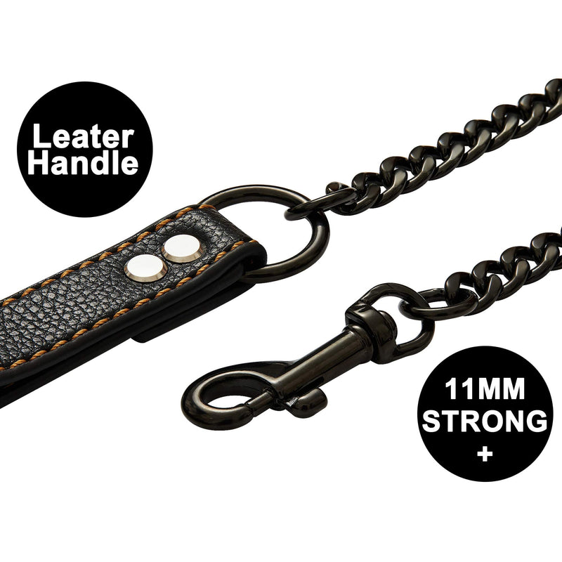 Black Chain Dog Leash - Heavy Duty Metal Chew Proof Leash with Leather Padded Handle for Large Medium Dogs (11MM, 4.5ft) Black - PawsPlanet Australia