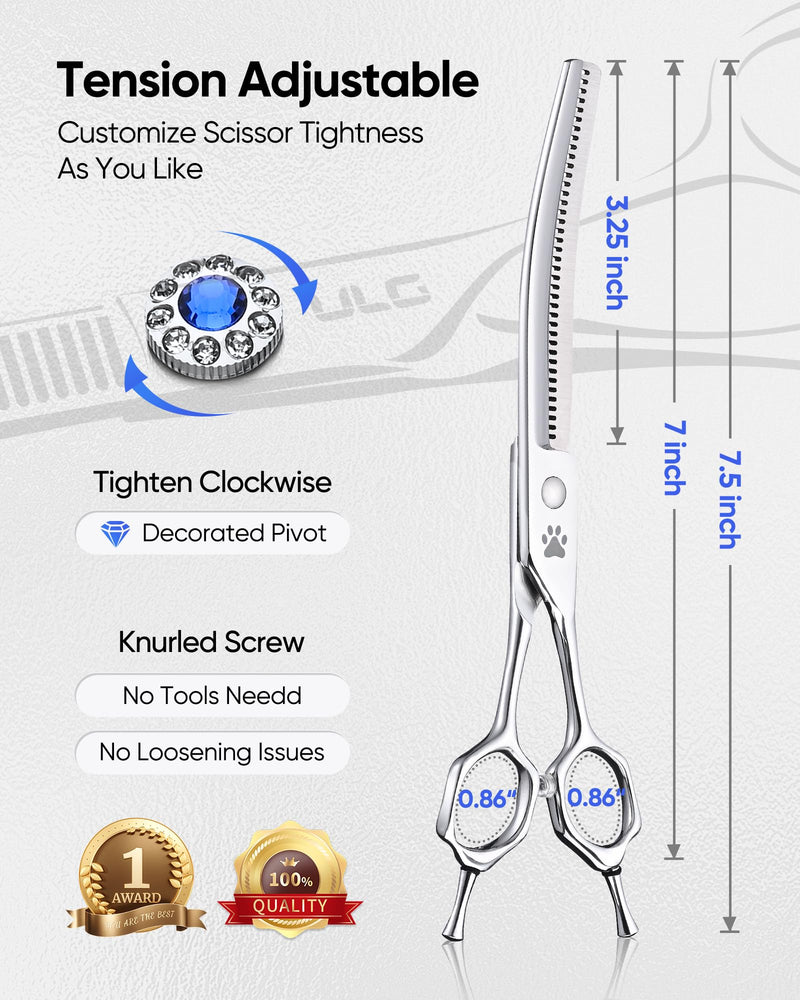 ULG Curved Thinning Dog Shears for Grooming, 7 Inch Professional Curved Thinning Dog Grooming Scissors for Blending and Thinning, 40-Tooth 15%-20% Rate 440C Stainless Steel Pet Hair Scissors 7.0 Inch (Thinning)
