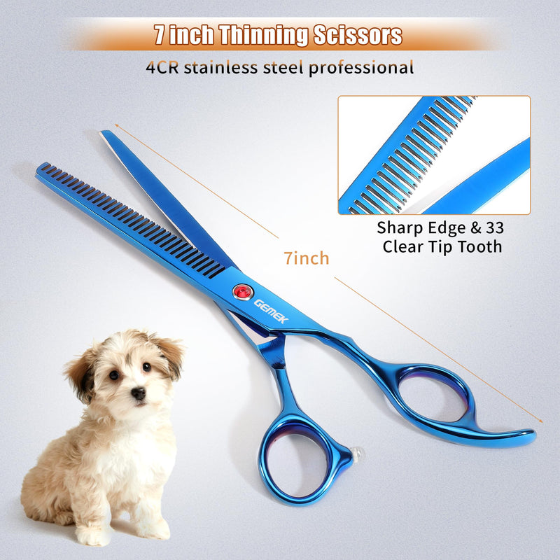 7.0in Titanium Professional Pet Grooming Scissors Set, GEMEK 6 in 1 Straight & Thinning & Upwards Curved & Downwards Curved Scissors & Comb for Dogs, Cats (Blue) Blue 6 in 1 7inch - PawsPlanet Australia