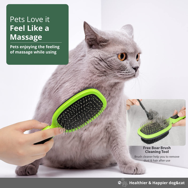 Double Sided Dog Brush, Grooming Brush with Rounded Pins & Bristles, Dog Brushes for Grooming with Anti Slip Handle & Free Cleaning Tool.