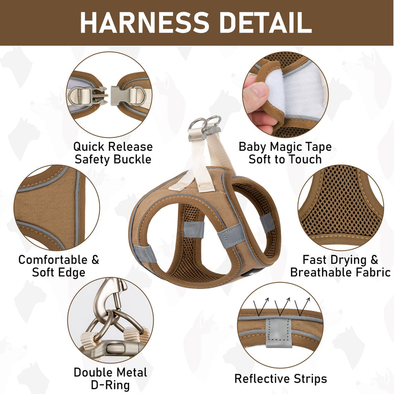 GAMUDA Small Pet Harness Collar and Leash Set, Step in No Chock No Pull Linen Fabric Soft Mesh Dog Vest Harnesses Reflective for Dogs Puppy Cats Kitten Rabbit (Brown, XS) Brown - PawsPlanet Australia