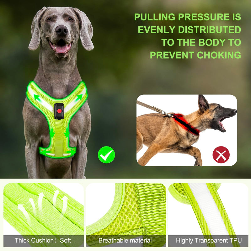 Light Up Dog Harness - LED Dog Harness Rechargeable, No Choke Illuminated Glow Dark Harness Vest Waterproof for Medium Large Dogs for Camping Night Safety Walking-Green,L Green - PawsPlanet Australia