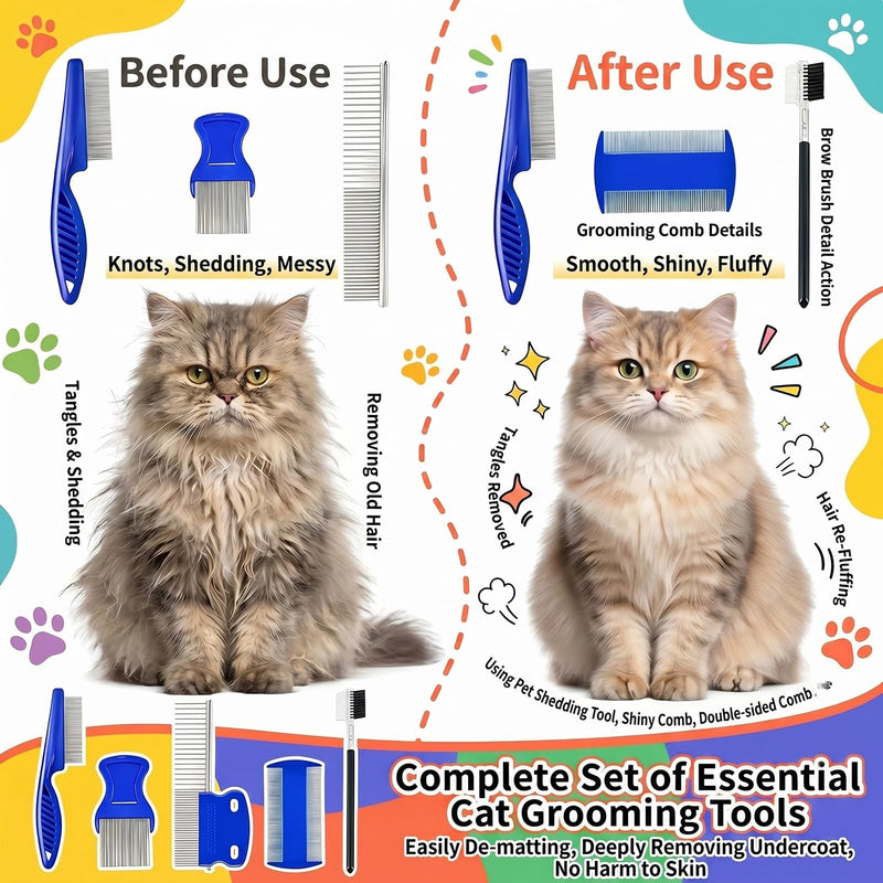 7 Pack Flea Comb, Stainless Steel Pet Professional Double Sided Tear Stain Remover, Dog Cat Grooming Combs with Rounded Tooth, Dematting Tool for All Types of Small, Medium, Large Pets