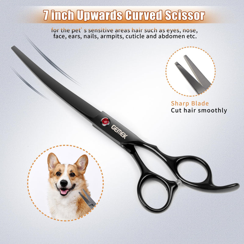 7.0in Titanium Professional Dog Grooming Scissors Set, GEMEK 6 in 1 Straight & Thinning & Upwards Curved & Downwards Curved Scissors & Comb for Dogs, Cats and Other Animals Black 7inch - PawsPlanet Australia