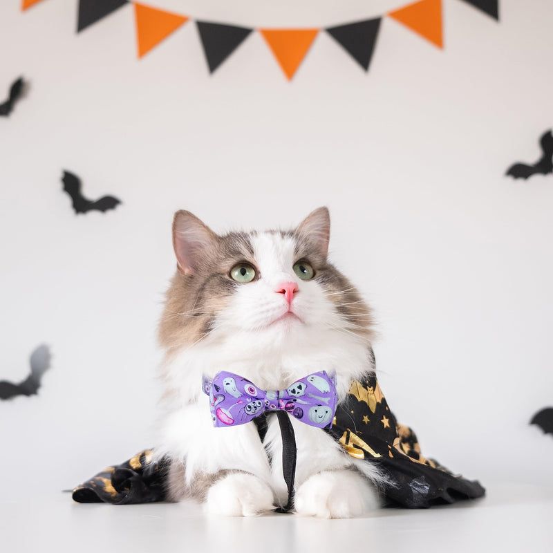 Halloween Cat Collar with Bow Tie and Bells, Holiday Ghost and Pumkin Cat Bandana with Charms for Boys and Girls Male Female Kitties Kittens