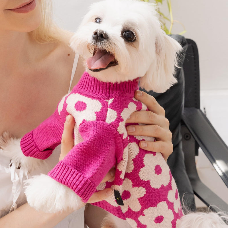 Fitwarm Floral Dog Sweater, Thermal Dog Sweatshirt, Dog Winter Clothes for Small Dogs Girl, Doggy Pullover Jumper, Pet Outfit, Hot Pink, White, Small Flower - PawsPlanet Australia