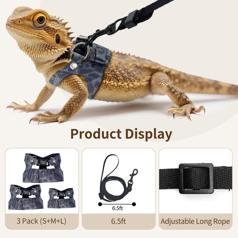 AIITLE 3 Pack Adjustable Bearded Dragon Harness and Leash Set - Leopard Print, Comfort Soft Leather Vest for Lizards, Iguanas, Guinea Pigs, Outdoor Camping & Walking, Blue - PawsPlanet Australia