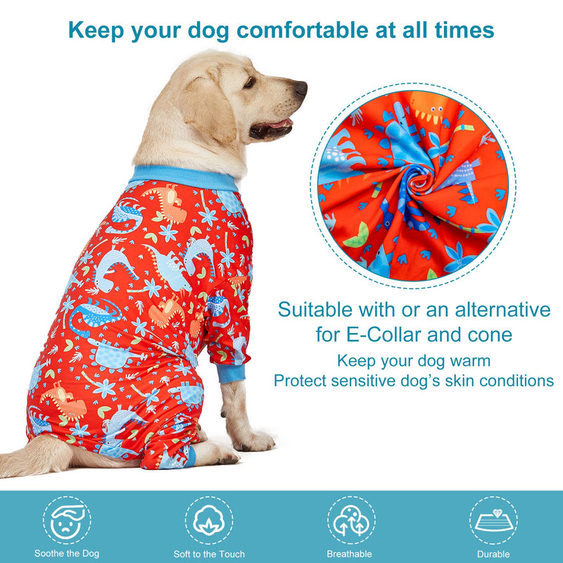 LovinPet Pitbull Dog Pajamas, Large Dog Onesies for Surgery/Wound Care, Lightweight Stretchy Knit Fabric, Dinosaur Jungle Red Print Dog Pj's UV Protection, Pet Anxiety Relief, Dog Costume/XL X-Large Red/Blue Update