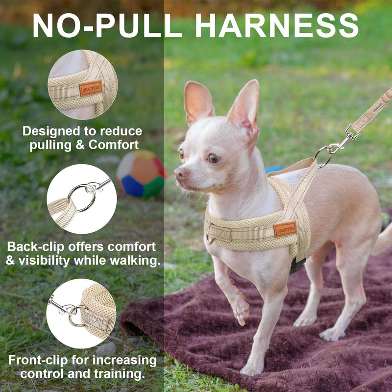 BEAUTYZOO Dog Harness for Small Dogs, No Pull Dog Harness and Leash Set, Soft Escape Proof Puppy Vest Harness with Handle, Reflective Lightweight Step in Harness for Girl Boy Dogs, Beige S S: Chest 17.5"-22" Beige_Mesh - PawsPlanet Australia