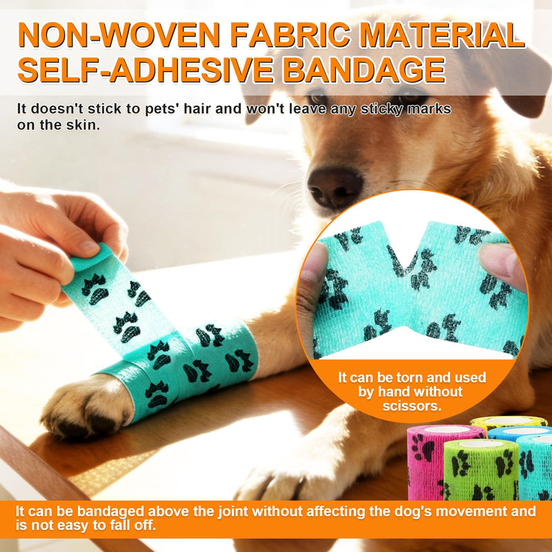 10 Pack Self Adhesive Bandage Wrap，2" X 5 Yards Elastic Cohesive Bandage Wrap Non-Woven Tape Breathable First Aid Tape,Vet Wrap for Horses Dogs Pets,Cat, Bird, Animal（5 Colors ） (Claw Print) Claw Print