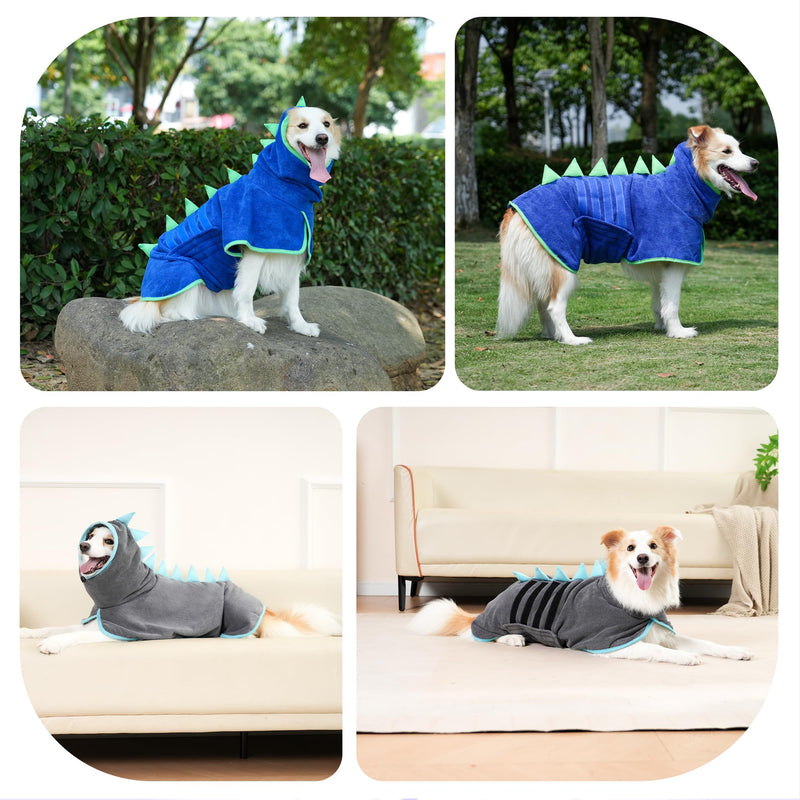 Super Absorbent Dog Bathrobe, Microfiber Bath Robe Towel for Fast Drying, Cozy Fit, Adjustable Belly Strap, Unique Dinosaur Design Dog Drying Coat for Bath, Rainy Walks & Cold Weather Blue, Green edging XX-Large - PawsPlanet Australia