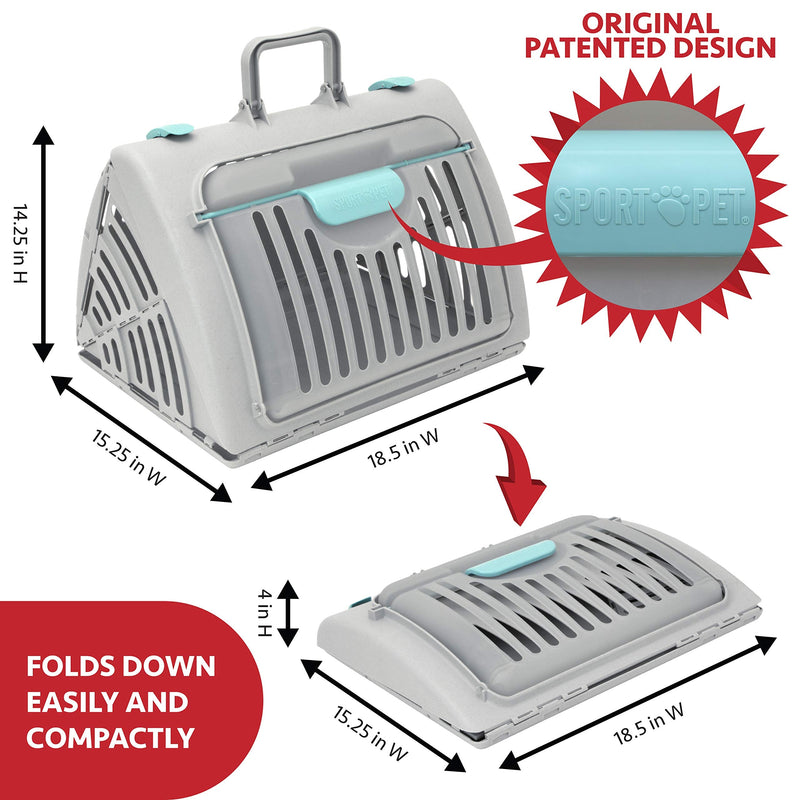 SportPet Large Hard-Sided Travel Cat Carrier - Cat Carrier with Patented Wide Side-Opening Door, Foldable Portable Pet Carrier with Removable Bed for Cats & Small Pets up to 25lbs - Gray Large Carrier w/ Bed (Gray)