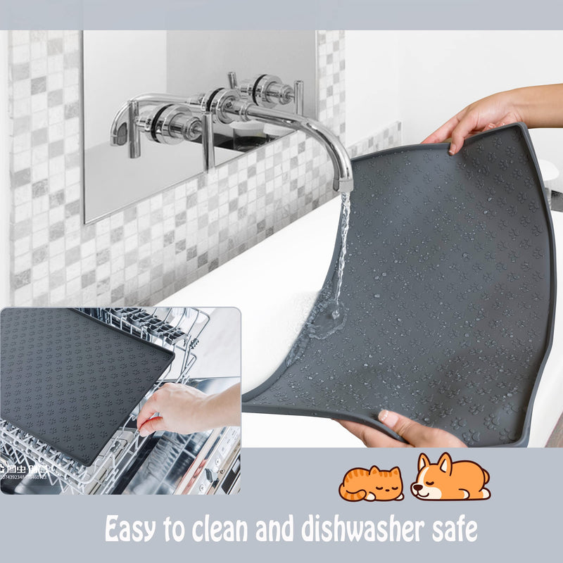 Dog Cat Pet Food Mat Dog Feeding Mat for Food and Water Silicone Dog Dish Mats for Floors Waterproof Slip Dog Bowl Mat with Raised Edges to Prevent Food and Water Messes on Floor 18X12Inch Grey - PawsPlanet Australia