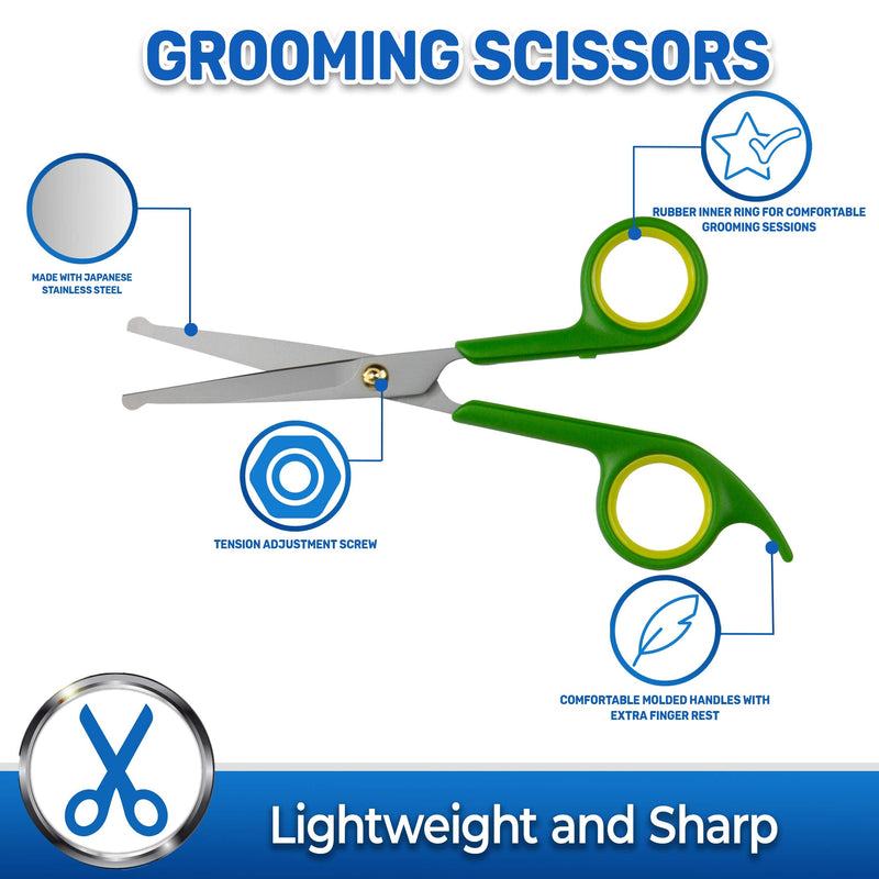 Pet Magasin Japanese Stainless Steel Grooming Scissors (2) for Facial Hair and Larger for Body Trimming with Round Tip Light Green and Yellow Large - PawsPlanet Australia