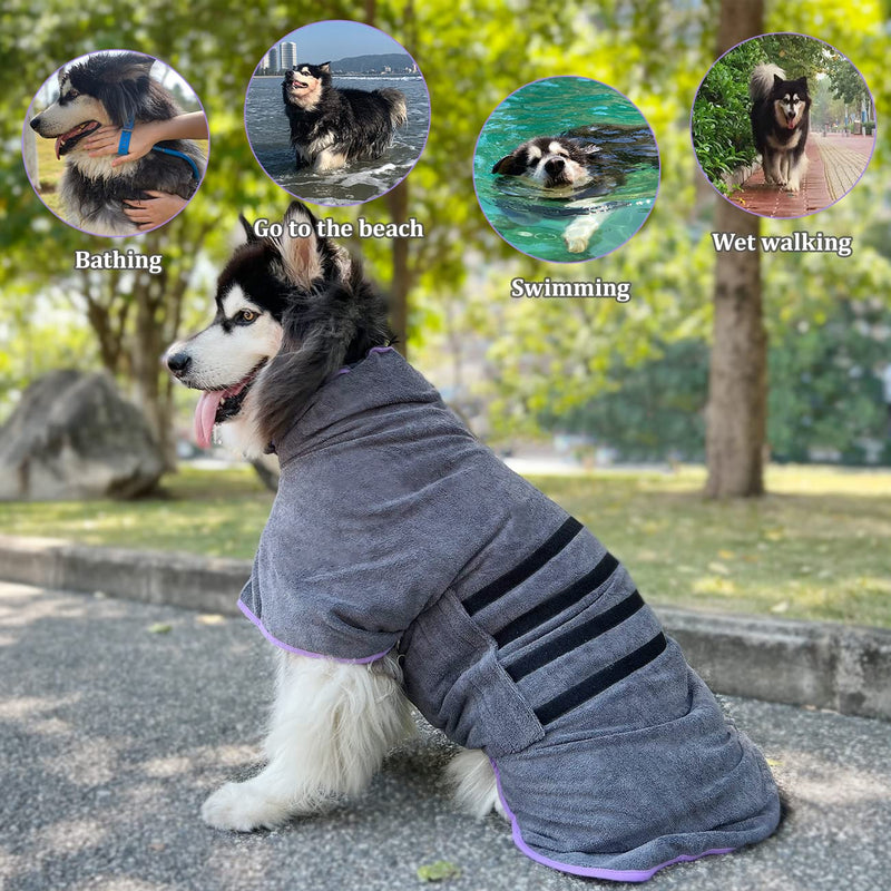 Dog Drying Coat Bathrobe Towel,Microfibre Material Fast Drying Super Absorbent Dog Bath Robe, Pet Quick Drying Moisture Absorbing with Adjustable Collar and Waist XXX-Large Grey - PawsPlanet Australia