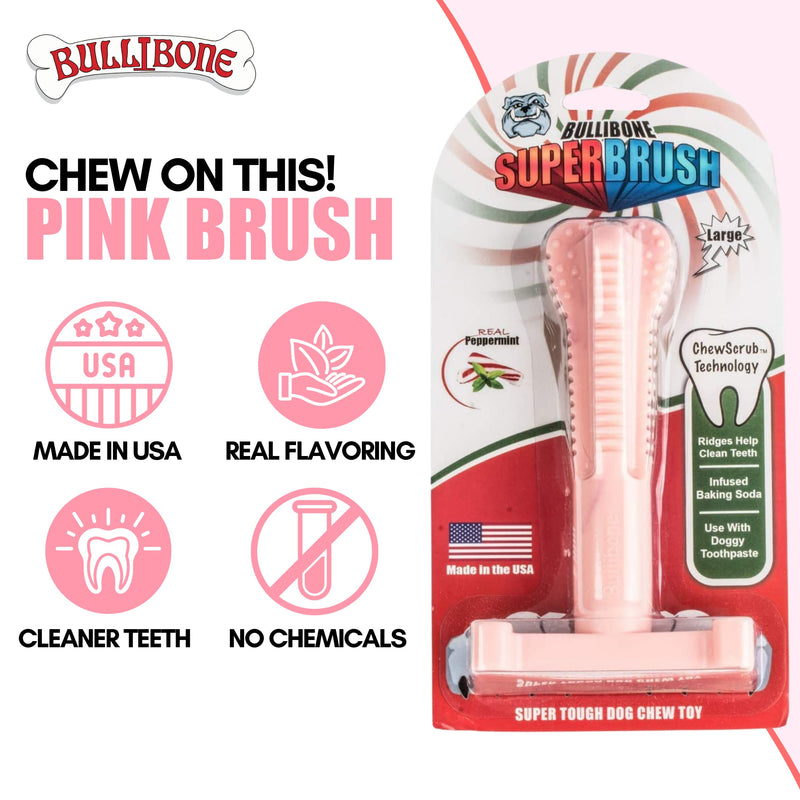 Bullibone SuperBrush Dog Dental Chew Toy for Large Breeds (2 Pack) - Pink Peppermint Large 2-Pack