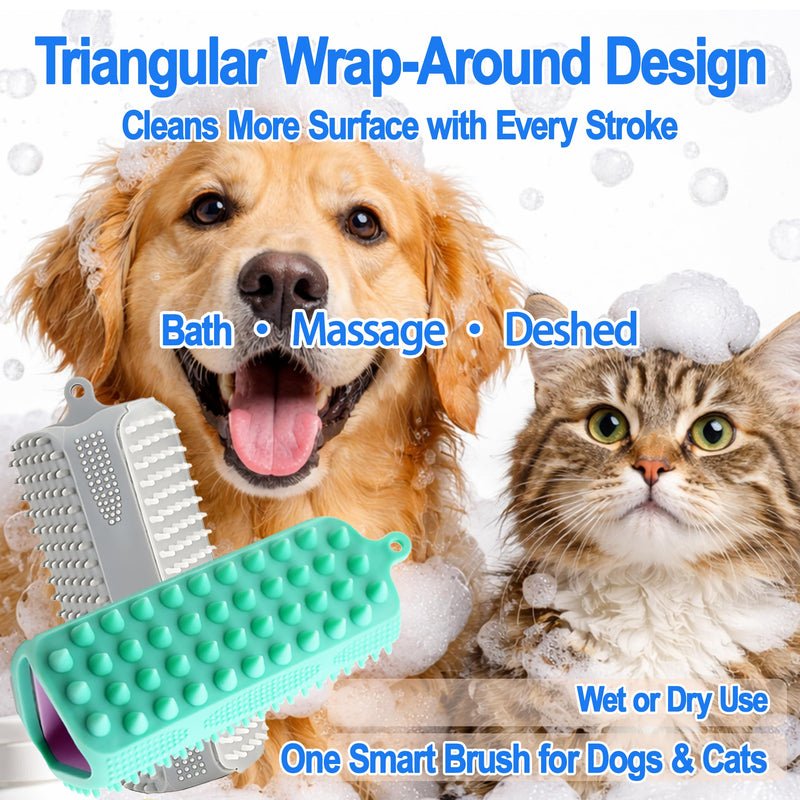3-in-1 Triangular Dog Bath Brush for Dogs & Cats, Silicone Pet Grooming Brush with Deshedding Bristles, Massage Cones & Deep Cleaning Nubs, Green