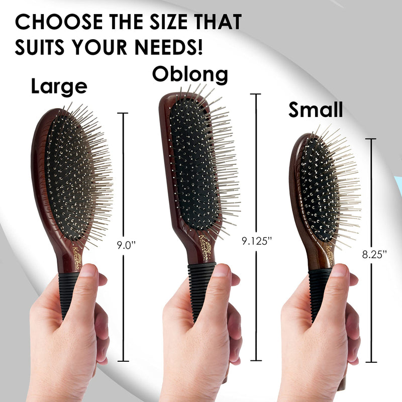 Kenchii Pet Grooming Metal Pin Brush | Solid Wood, Non-Slip Grip Detangling and Shedding Tool for Long or Short Haired Pets - Large Oblong Size - PawsPlanet Australia