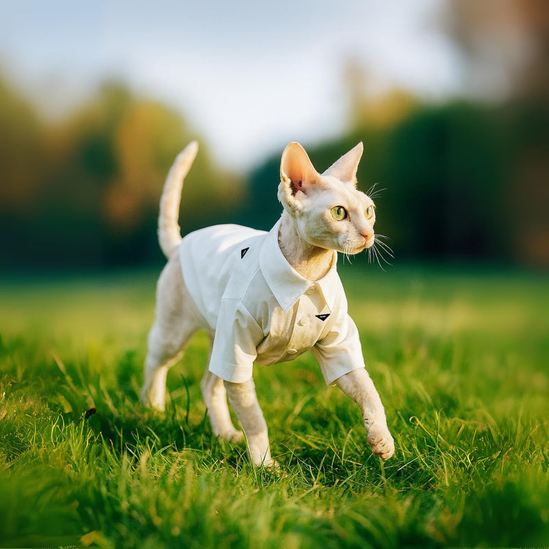 Luxury Pet Shirt for Hairless Cats – White Designer Button-Up Outfit, Formal Clothes for Wedding, Party, Photoshoot, Boy Puppy Kitten Sphynx (X-Small 2.2-3.3 lbs) X-Small 2.2-3.3 lbs - PawsPlanet Australia