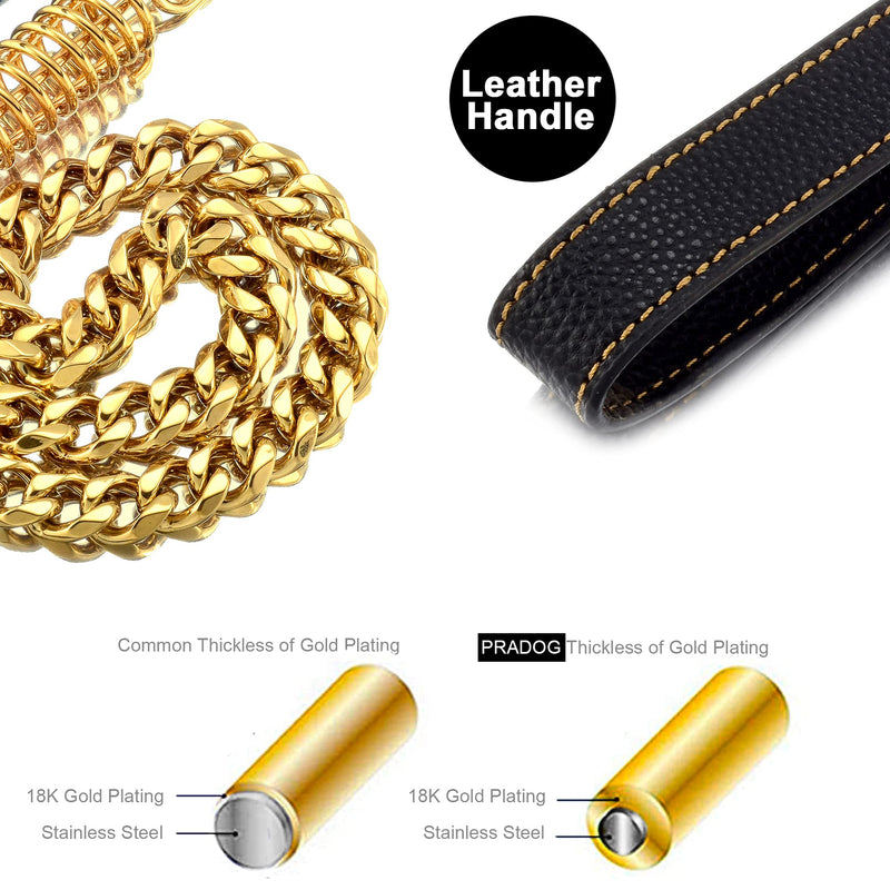 Pradog Dog Chain Leash Dog Heavy Duty Strong Chew Proof 19mm 2ft 3ft 4ft 18K Gold Chrome Stainless Steel Cuban Link Chain Labor-Saving Spring with Leather Handle for Medium Large Dogs(3FT) 3.0 FT ( For S, M, L Dog) - PawsPlanet Australia