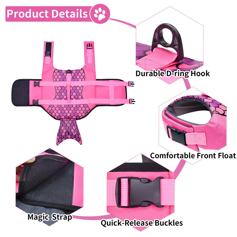 Malier Dog Life Jacket, Ripstop Dog Life Vest Adjustable Dog Life Preserver with Strong Buoyancy and Durable Rescue Handle Puppy Life Jacket for Small Medium Large Dogs Boating Mermaid-Pink