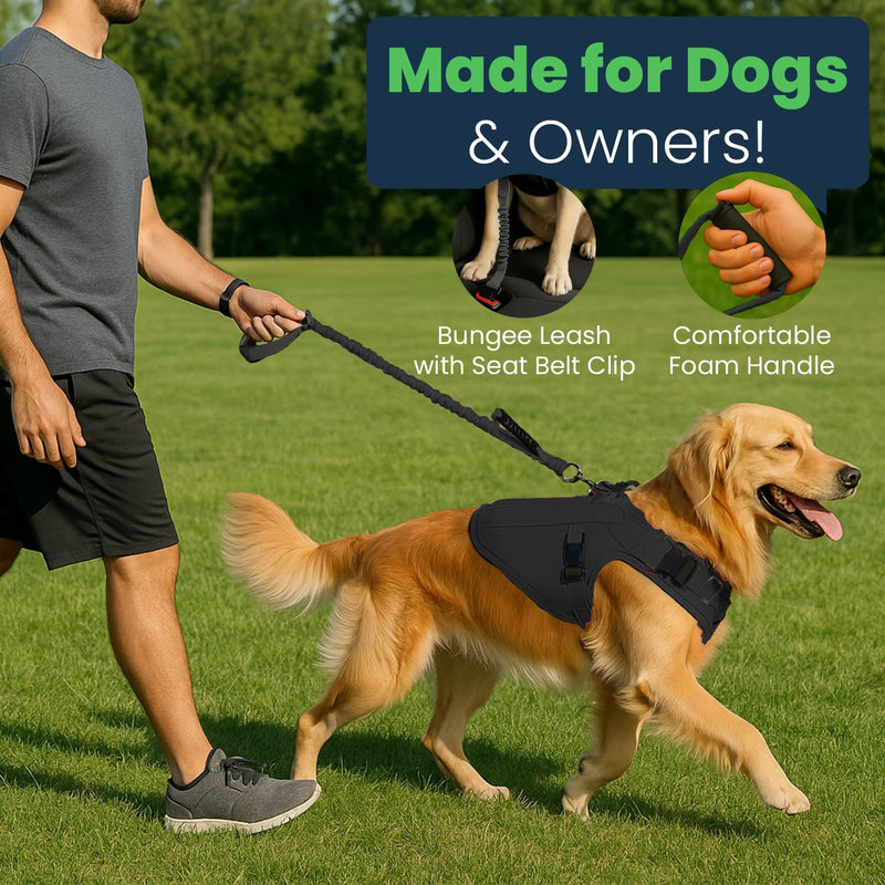 Adjustable Tactical Dog Harness & Leash Set - No-Pull MOLLE Vest with Handle, Front Leash Clip, Hook & Patch - Perfect for Small to Large Dogs (L: Neck 18"-24", Chest 28"-35"), Olive Black L (Neck:18"-24" ; Chest:28"-35") - PawsPlanet Australia