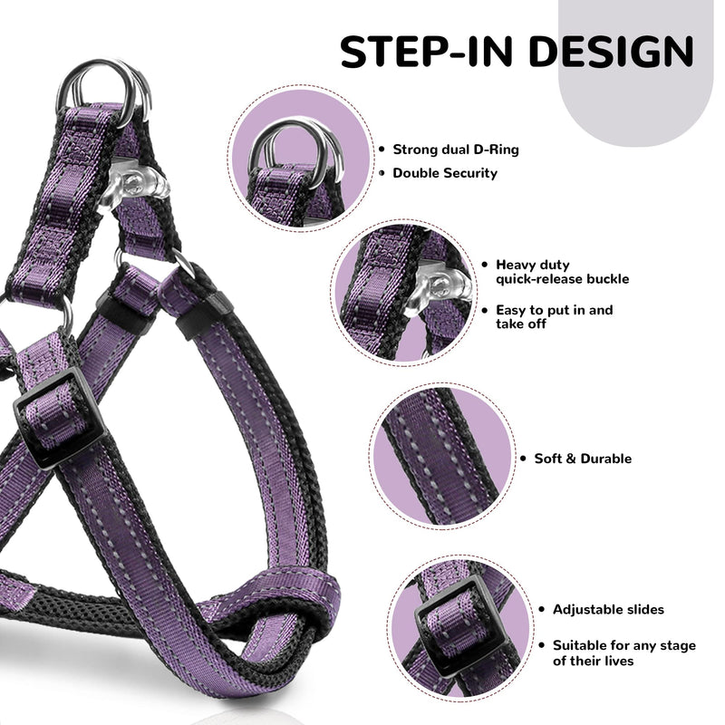 Reflective Dog Harness Collar Leash Set, Step-in Dog Harness for Large Dogs No Pull, Easy to Put in&Take Off, Adjustable Dog Harness Collar Leash Set for Large Dogs, Purple 3 Combos-Purple L:24" to 36"-in chest - PawsPlanet Australia