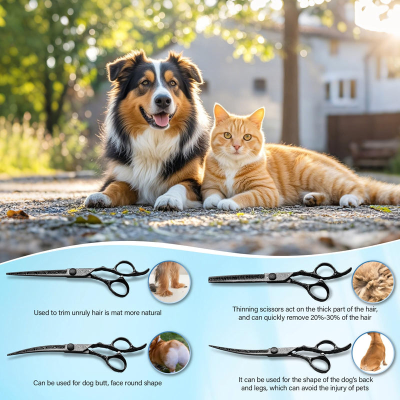 Dog Grooming Scissors,Black Curved Scissors with Safety Round Tips,5 in 1 Dog Scissors for Grooming,Professional Pet Grooming Shears Set for Dogs and Cats - PawsPlanet Australia