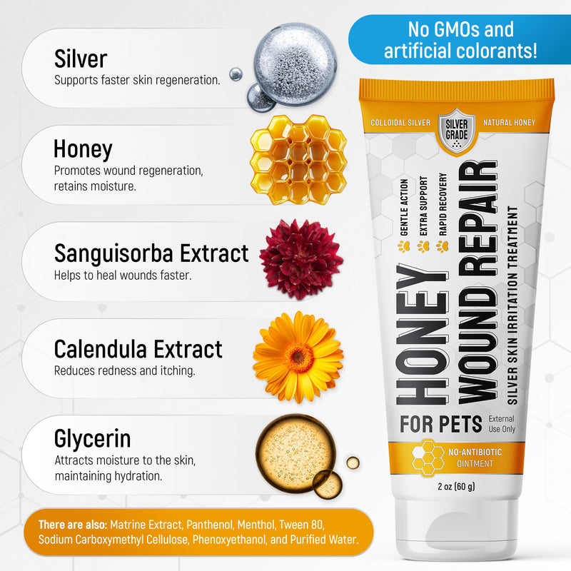 Best Hot Spot Treatment for Dogs & Horses – Dog Wound Care with Silver for Scratches, Sores, Rashes, Irritations – Honey Wound Repair Ointment in Gel Form for Horses & Cats + 2 Bandages – 2 Oz