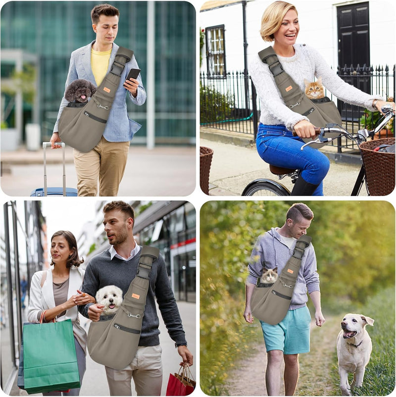 CUBY Puppy Carrier, Adjustable Reversible Cat Dog Sling Carrier for Small Medium Dogs Hands-free Puppy Sling Protect Shoulder Strap with Safety Belt Zipper Pocket Bottom Mat Khaki - PawsPlanet Australia