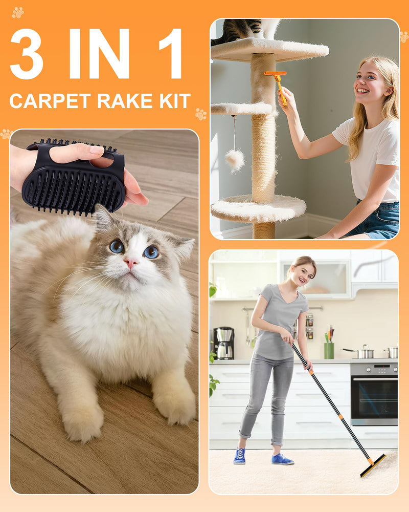 3 in 1 Carpet Rake for Pet Hair Removal Tool, 51” Adjustable Long Handle Pet Hair Removal Broom, Pet Grooming Brush, Cat Dog Hair Remover Carpet Scraper for Rugs, Mats Orange-Black - PawsPlanet Australia