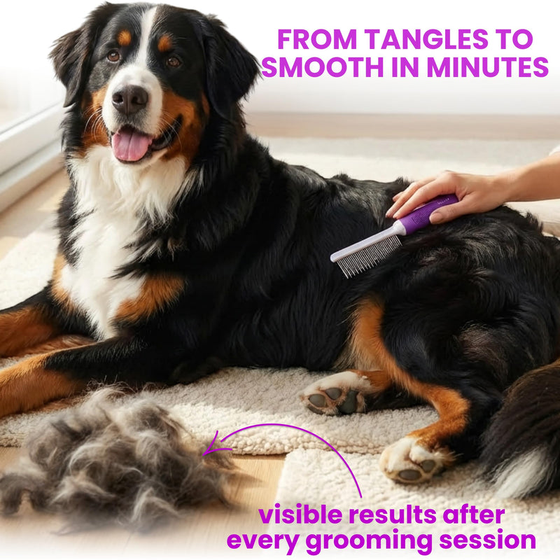 Poodle Pet Detangling Pet Comb with Long & Short Stainless Steel Teeth for Removing Matted Fur, Knots & Tangles – Detangler Tool Accessories for Safe & Gentle DIY Dog & Cat Grooming Purple