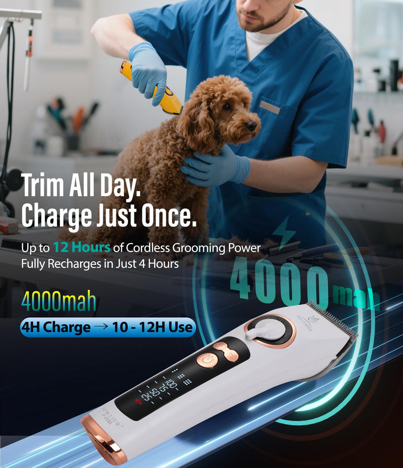 Professional Dog Grooming Clippers with 12H Runtime & Replaceable 440C Blade, 3-Speed Low Noise Electric Dog Shaver for Thick, Matted, Curly Hair, Cordless Clipper for Groomer & Home Use, White Clipper+10FC Blade - PawsPlanet Australia