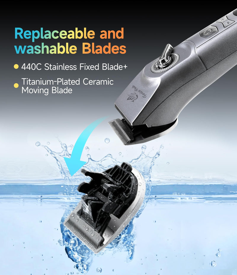 Professional Cordless Dog Grooming Clippers, 12-Hour Runtime, Replaceable 440C Stainless Steel Blade, 3-Speed Quiet Electric Pet Hair Trimmer for Thick, Curly & Matted Coats, Groomer & Home Use, Grey Clipper+10FC Blade