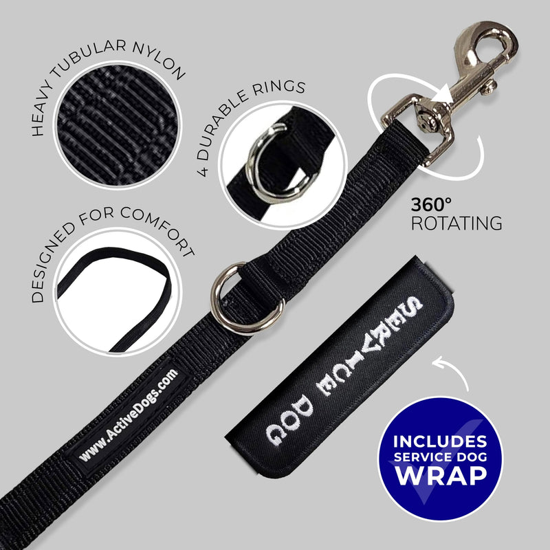 ActiveDogs Hands Free Dog Leash – Adjustable 4-Point Crossbody Hands Free Leash for Mobility & Training – Waist Belt for Dog Walking - Durable 3/4" Double-Stitched Nylon, Black, 6.5ft 6.5'
