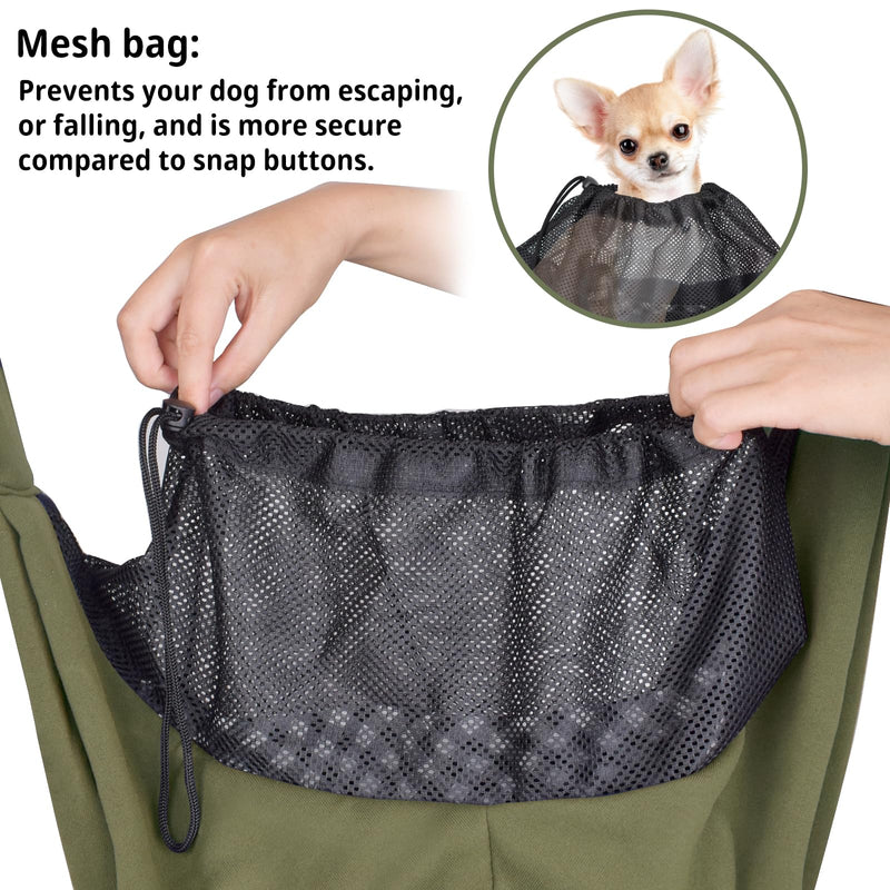 CUBY Puppy Carrier, Adjustable Reversible Cat Dog Sling Carrier for Small Medium Dogs Hands-free Puppy Sling Protect Shoulder Strap with Safety Belt Zipper Pocket Bottom Mat Military Green