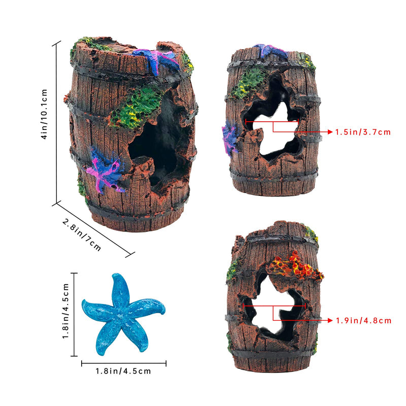 GSD Star-Fish Broken Barrel Decor Resin Betta Fish Tank Accessories Ornaments for Fish Cave Hide Tank Decorations, Broken Barrel x 1pc, Blue Star Fish Ornaments x 2pcs - PawsPlanet Australia