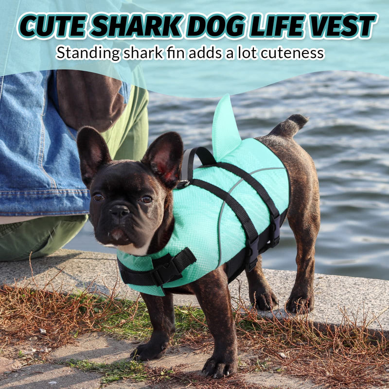 Queenmore Small Dog Shark Life Jacket,Dog Life Vest for Swimming Boating kayaking,High Buoyancy Puppy Dog Life Preserver,Reflective Light Dog Lifesaver with Strong Rescue Handle (Light Blue,XS) X-Small Light Blue