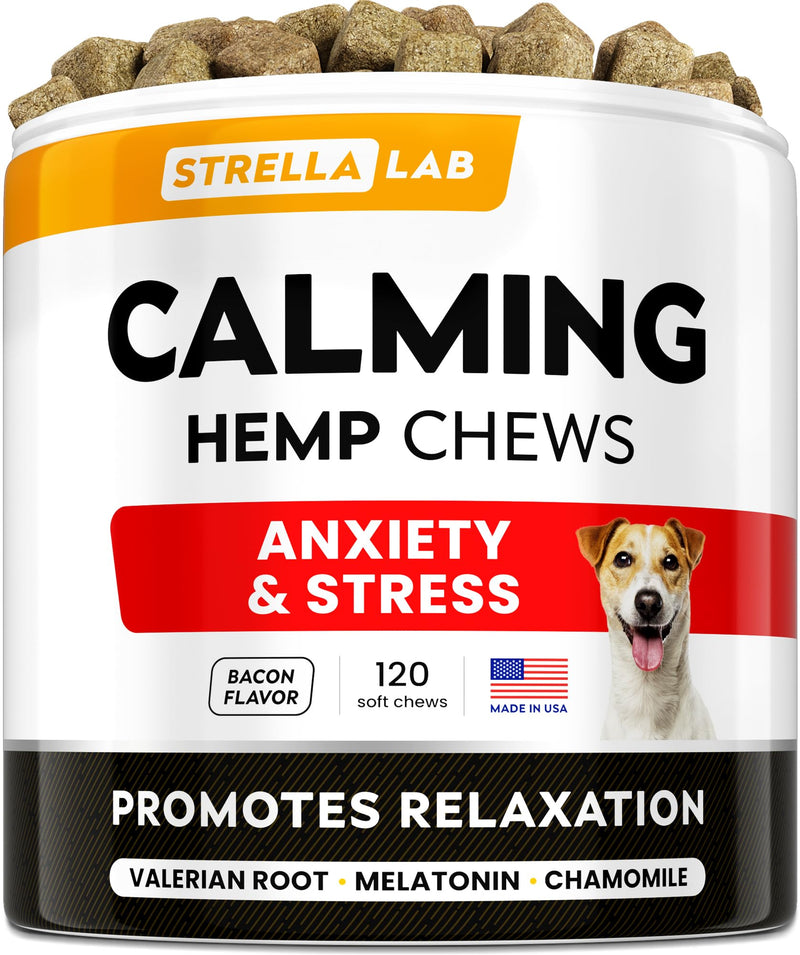 Hemp Calming Chews for Dogs - Dog Calming Treats - Anxiety Relief Treats - Dog Calming Chews - Stress - Sleep Calming Aid - Health & Wellness Supplements for Dog Separation Barking - 120 Treats 120 Ct (Bacon) (CALMING) Hemp Chews