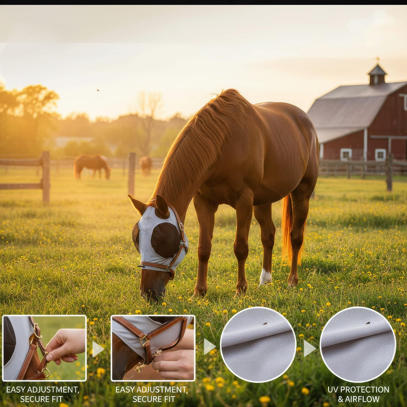 Horse Fly Mask with Ears - Breathable Stretchable for Mosquito Protection, Full Eye Cover, Outdoor Pasture Use