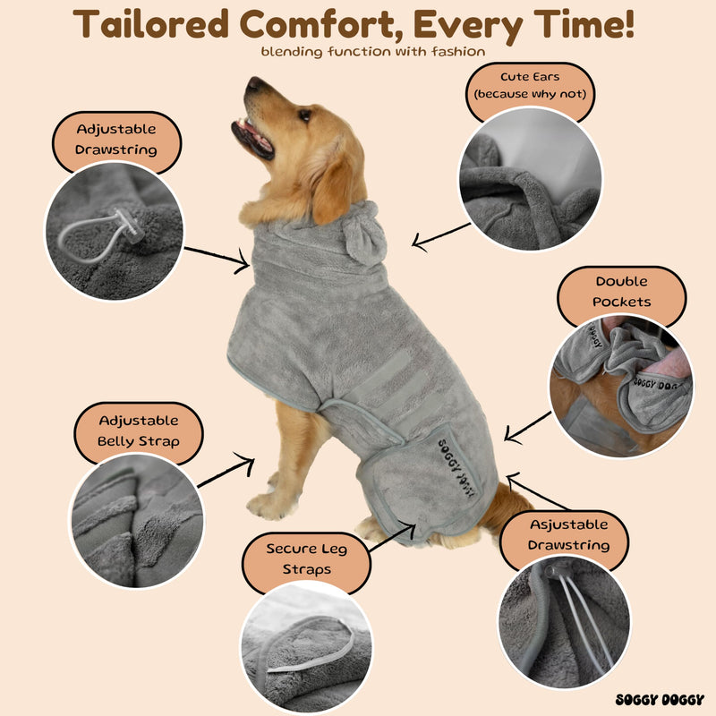 SOGGYDOGGY® US: Luxury Dog Bathrobe, Super Absorbent Microfiber Dog Bath Supplies, Fast Dry in Minutes, Thick & Soft Robe - Pet Grooming, Wash & Pet Hair Dryer - All-Season Dressing Gown (M) Gray M (17-24in) - PawsPlanet Australia