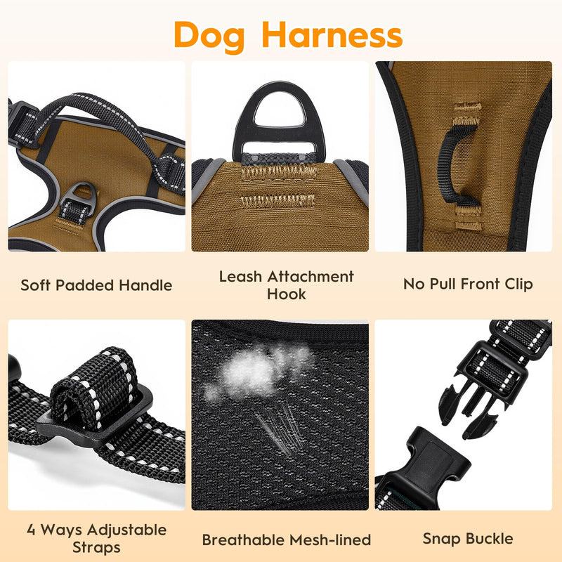 No Pull Dog Harness, No Chock Reflective Adjustable Soft Padded Pet Vest with Easy Control Handle, Easy Wearing with Stylish, Reinforced Knot, 2 Buckles Medium Brown - PawsPlanet Australia
